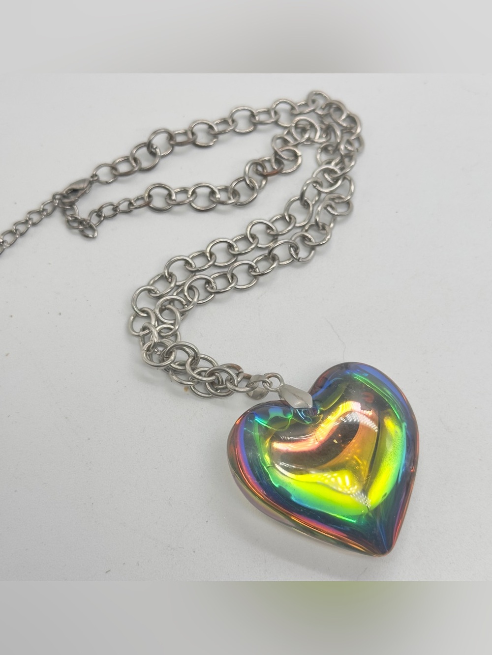 Iridescent Puffy Heart Pendant Necklace Silver Tone Rainbow Large
